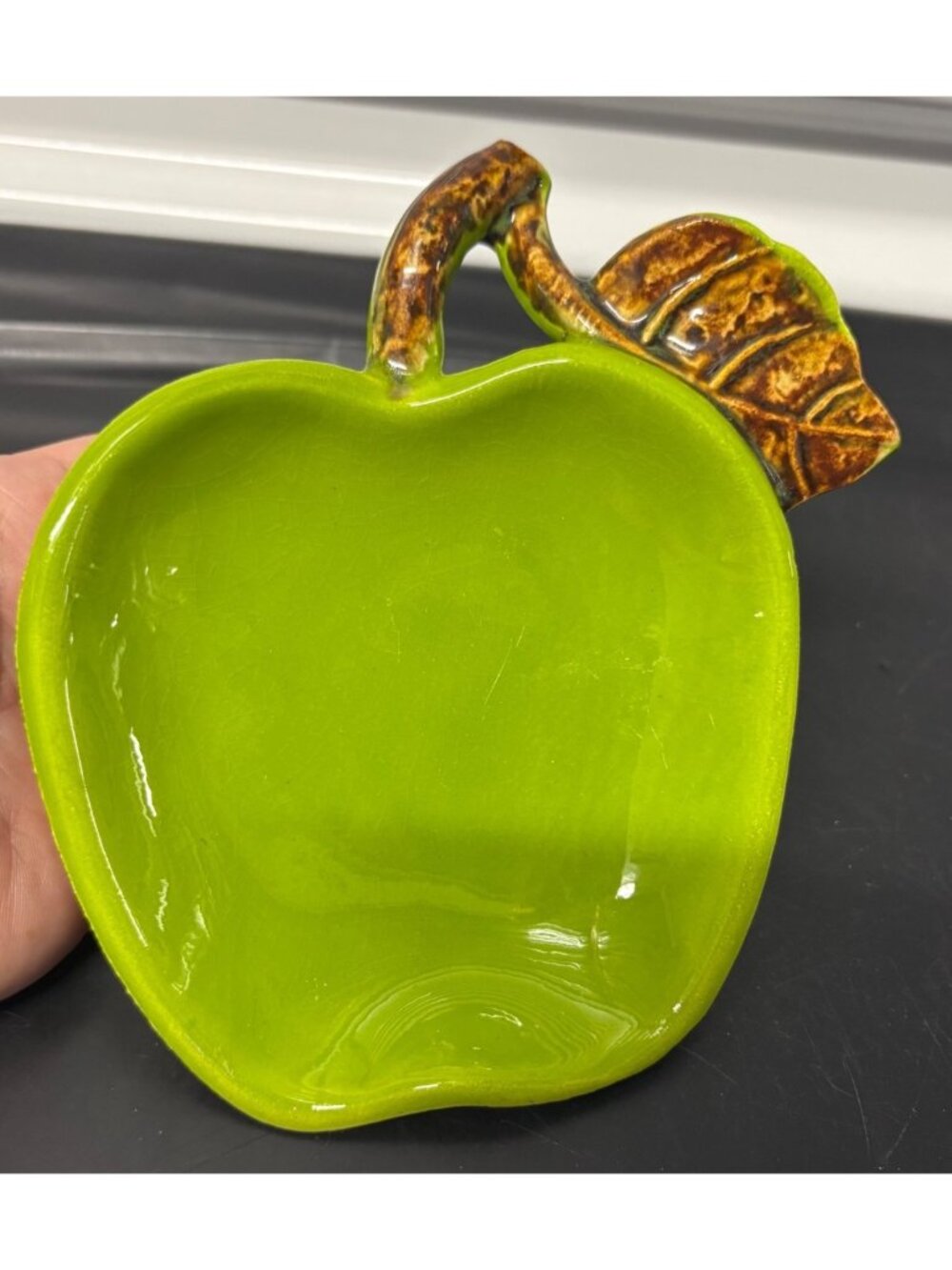 Vintage Green Apple Ceramic Ring Dish Brown Stem & Leaf - USA VF 61 Spoon Holder